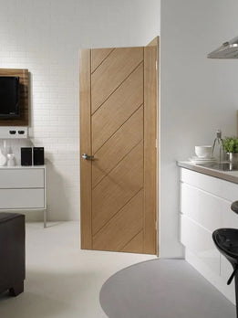 Modern Natural Oak Wood Interior Door with Diagonal Groove Design