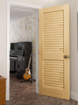Modern Natural Pine Wood Louvered Interior Door with Round Knob